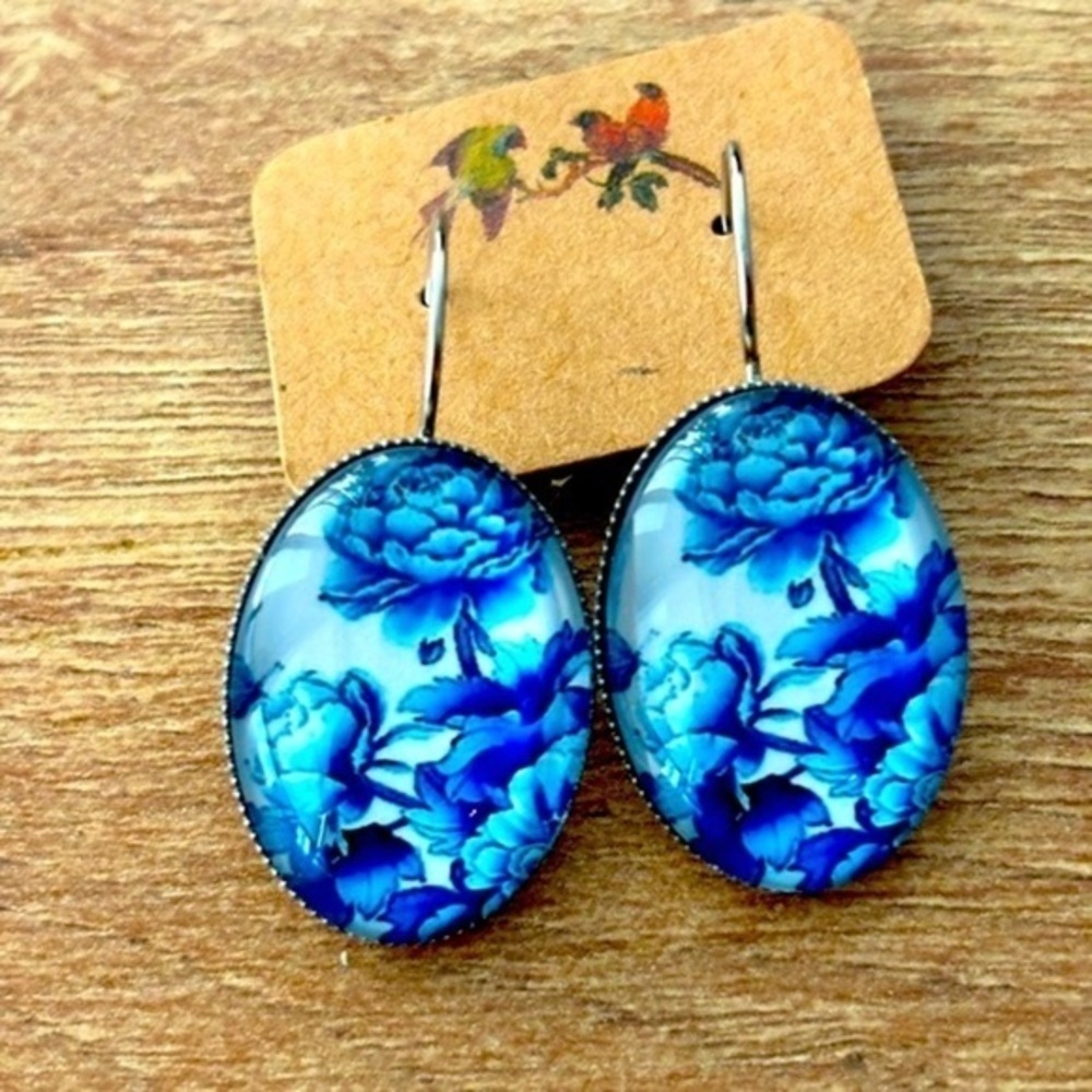 Blue and White Floral Print Stainless Steel and Glass Handmade Earrings, NWT